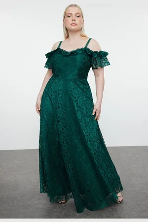 Trendyol Curve Emerald Green Straped A-Line/A-Line Lace Long Evening Dress/Graduation/Engagement/Evening Dress