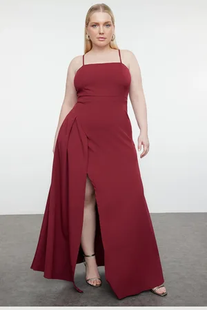 Trendyol Curve Plum Strapped Slit Long Woven Plus Size Evening/Night/Graduation/Engagement Dress
