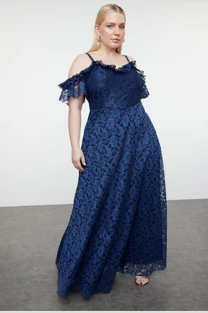 Trendyol Curve Navy Blue Straped A-Line/A-Line Lace Long Evening Dress/Graduation/Engagement/Evening Dress