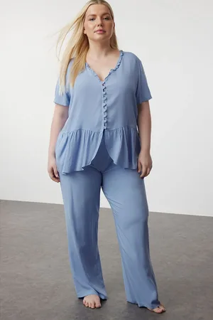 Trendyol Curve Blue V-Neck Button-Woven Pajama Set