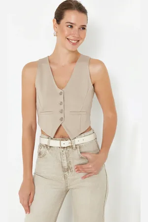 Trendyol Mink Button Detailed V-Neck Crop Regular/Normal Cut Flexible Knitted Vest