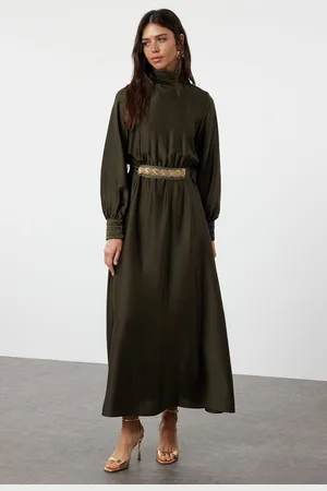 Trendyol Khaki Beaded Belted Woven Satin Evening Dress