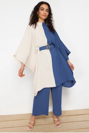 Trendyol Indigo Color Block Waist Belted Tunic-Pants Woven Suit