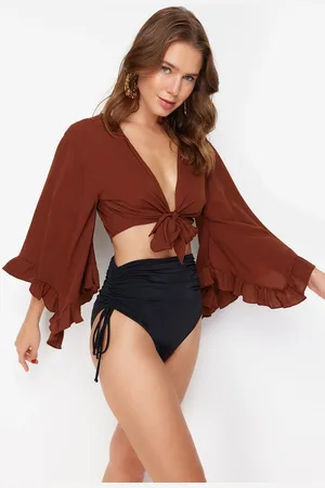 Trendyol Brown Crop Woven Flounce Blouse
