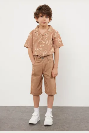 Trendyol Brick Boy Patterned Cotton Shirt-Shorts Woven Bottom-Top Set