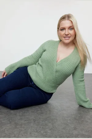 Trendyol Curve Mint Double Breasted Collar Ribbed Crop Knitwear Sweater