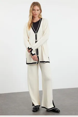 Trendyol Stone Color Blocked Knitwear Cardigan Trousers Bottom-Top Set