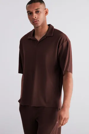 Trendyol Limited Edition Large Size Brown Oversize Textured Ottoman Polo Collar T-Shirt