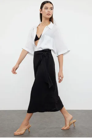 Trendyol Black 100% Linen Tie Midi Skirt