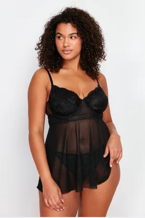 Trendyol Curve Black High Waist Underwire Babydoll & Thong Set