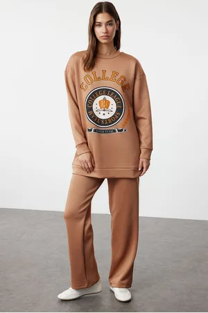 Trendyol Brown Printed Scuba Knitted Tracksuit Set