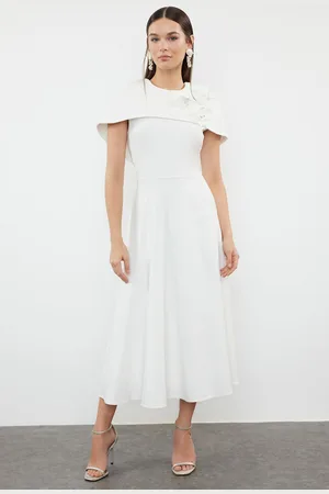 Trendyol White A-Cut Rose Detailed Woven Elegant Evening Dress