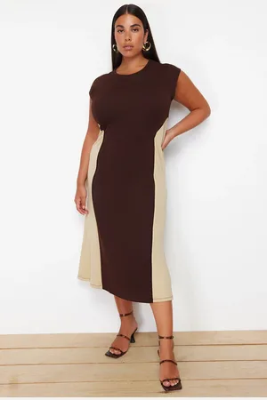 Trendyol Curve Brown-Beige Color Block Midi Crepe Knitted Plus Size Dress
