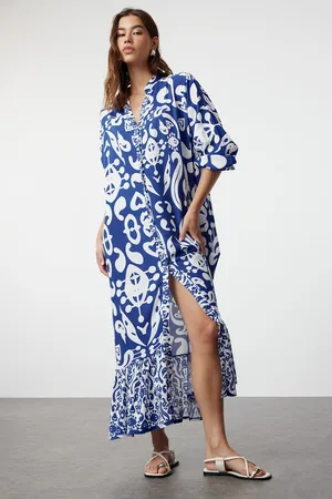 Trendyol Blue Printed Midi Wide Neck Border Pattern Detailed Woven Dress Woven Dress