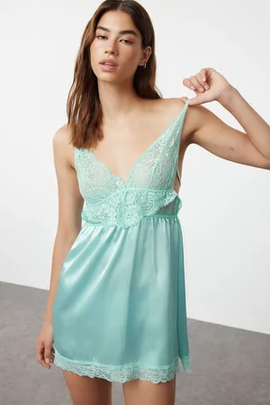 Trendyol Aqua Green Satin Laced Rope Strap Knitted Babydoll