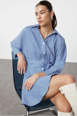 Trendyol Blue Belted Striped Mini Woven Shirt Dress