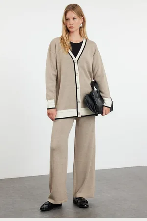 Trendyol Mink Color Block Knitwear Cardigan Trousers Bottom-Top Set
