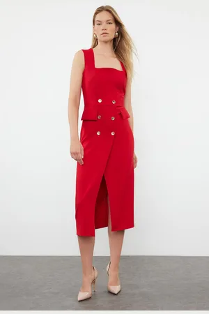 Trendyol Red Button Detailed Midi Double Breasted Skirt Closure Pencil Skirt Woven Dress