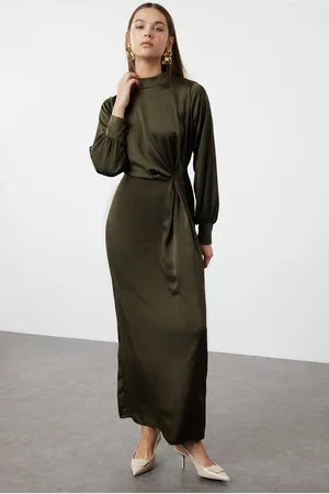Trendyol Dark Khaki Waist Gathered Satin Evening Dress