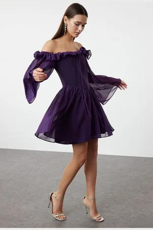 Trendyol Purple A-Line Lined Flounce Woven Chiffon Short Elegant Evening Dress