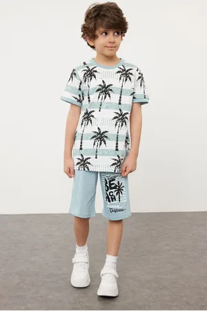 Trendyol Blue Boy Palm Patterned Knitted Bottom-Top Set