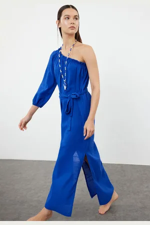 Trendyol Saxe Belted Maxi Woven Flounce/Ruffle Detailed Linen Blend One Shoulder Beach Dress