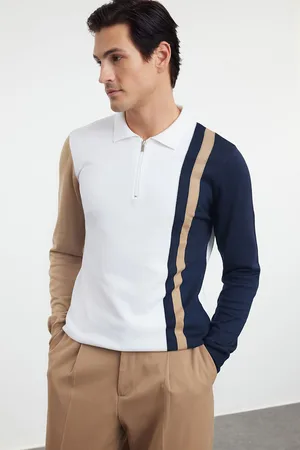 Trendyol Ecru Regular Cotton Polo Collar Color Block Knitwear Sweater