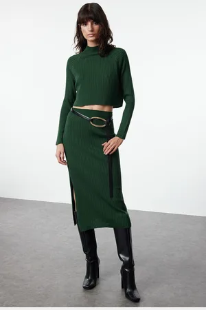 Trendyol Emerald Green Crop Pencil Skirt Knitwear Top-Bottom Set
