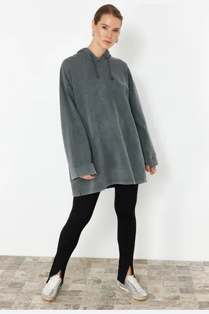 Trendyol Anthracite Acid Washed Hooded Oversize Knitted Sweatshirt