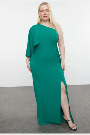 Trendyol Curve Emerald Green Single Sleeve Asymmetrical Slit Woven Evening Dress/Night/Graduation/Engagement Dress