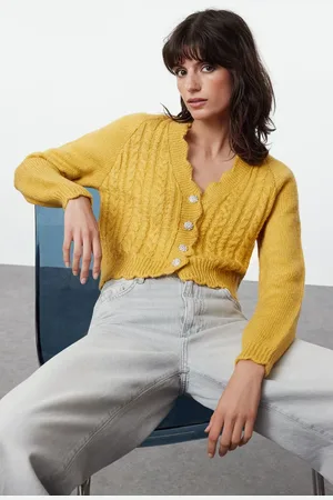 Trendyol Yellow Crop Soft Texture Knit Cardigan