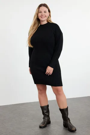 Trendyol Curve Black Knitted Detailed Crew Neck Knitwear Dress