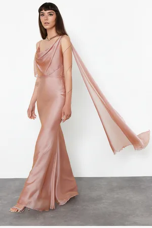 Trendyol Pink Carmen Collar Woven Chiffon Long Elegant Evening Dress