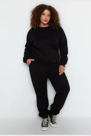 Trendyol Curve Black Thick Polar Fleece Basic Knit Plus Size Tracksuit