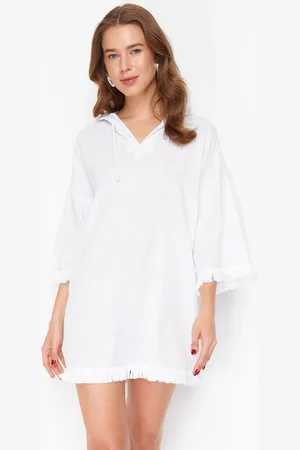 Trendyol White Wide Fit Mini Woven Tasseled 100% Cotton Beach Dress
