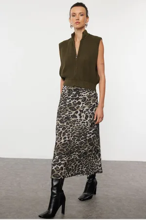 Trendyol Khaki Leopard Patterned Satin Midi Length Woven Skirt