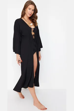 Trendyol Black Maxi Woven Gathered Kimono&Kaftan
