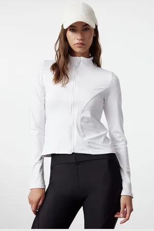 Trendyol White Body-fitting Zippered Stand Collar Knitted Sports Jacket/Sweatshirt