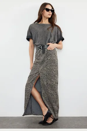 Trendyol Multicolored Leopard Patterned Brown Midi Denim Skirt