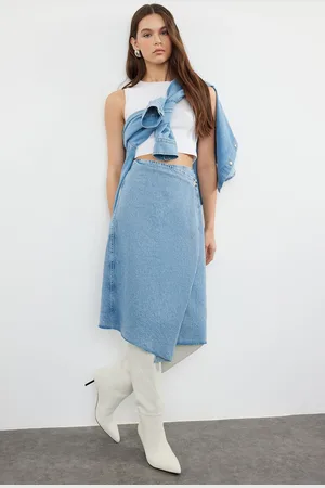 Trendyol Blue Double Breasted Midi Denim Skirt