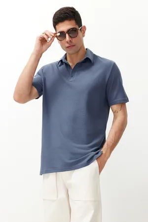 Trendyol Indigo Relaxed/Comfortable Cut Textured 100% Cotton Polo Neck T-shirt