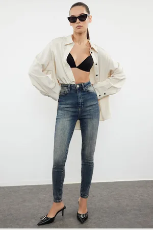 Trendyol Dark Blue Premium Faded Effect Vintage High Waist Lycra Skinny Jeans