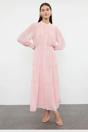 Trendyol Lined Chiffon Woven Shirt Dress with Dusty Rose Sleeves and Waist Gipe Detail