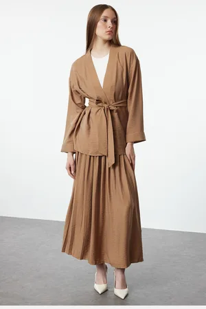 Trendyol Camel Belted Kimono-Pleated Skirt Woven Bottom-Top Set