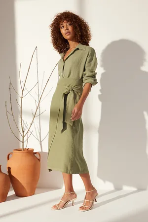 Trendyol Green 100% Linen Tie Midi Skirt