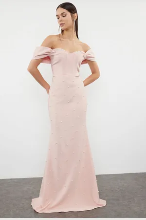 Trendyol Powder Pearl Embroidered Shiny Stone Woven Long Evening Dress