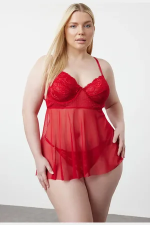Trendyol Curve Red High Waist Underwire Babydoll& Thong Set