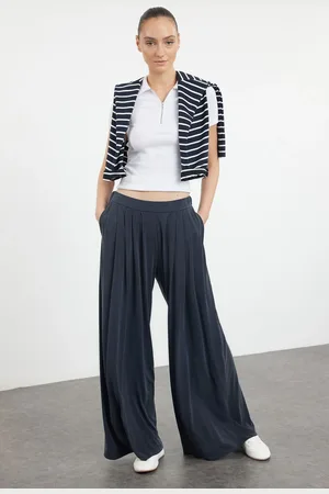 Trendyol Anthracite Pleated Wide Leg Stretch Knit Trousers