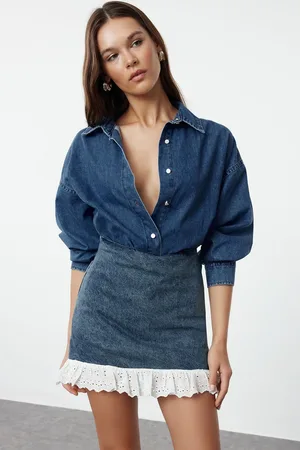 Trendyol Dark Blue More Sustainable Lace Detail Mini Denim Skirt
