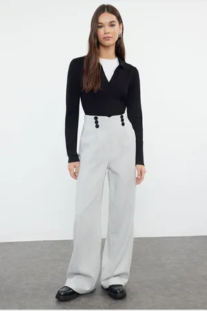 Trendyol Light Gray Button Detailed Wide Leg Woven Trousers